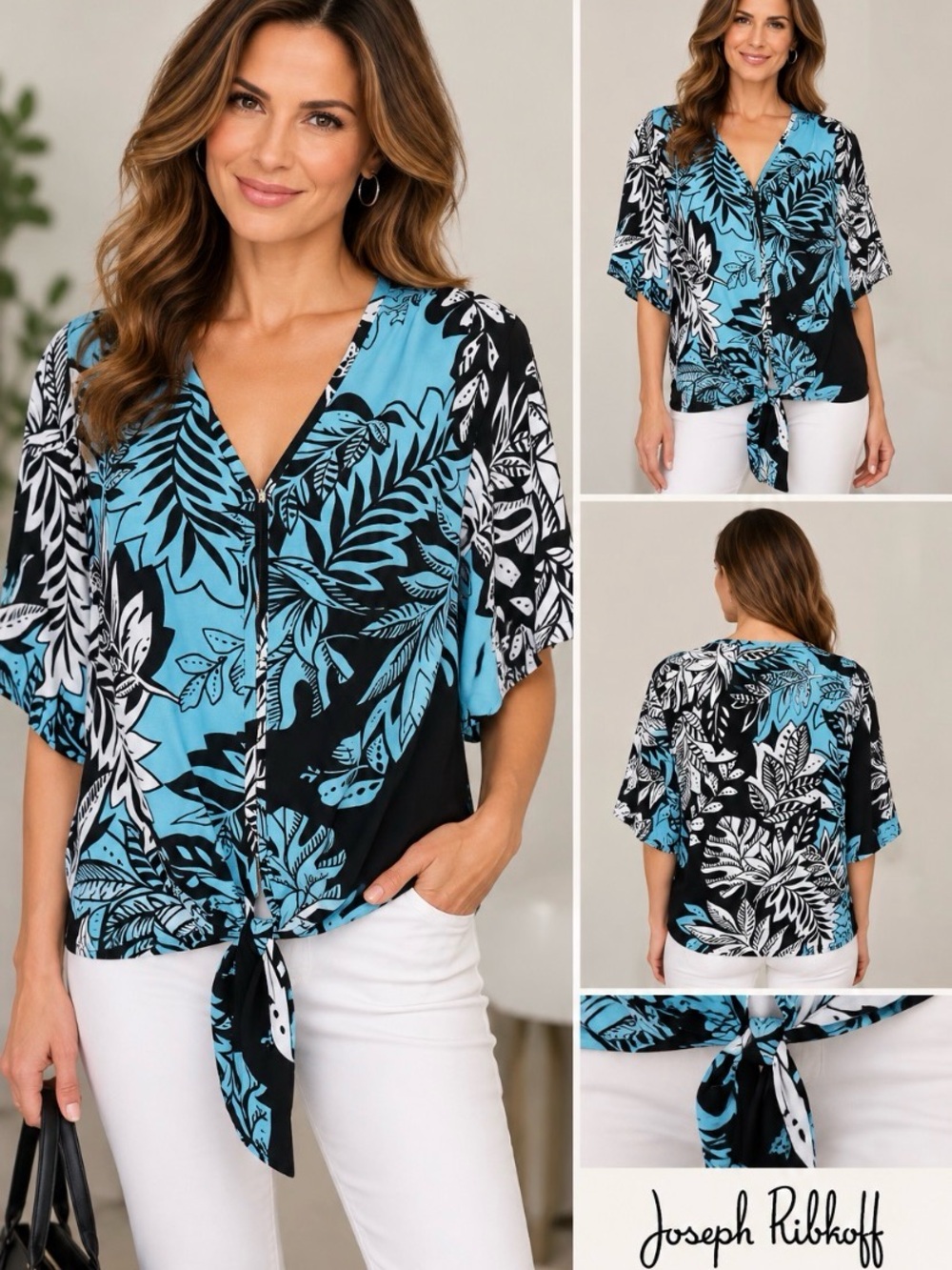 Joseph Ribkoff Tropical Floral Tie Front Blouse Blue Black White Size 10